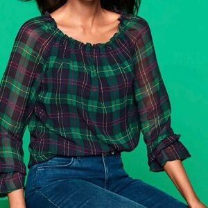 Talbots Holiday Blouse Green Blue Plaid Sheer Sleeve Pull On Style Top Sz MP
